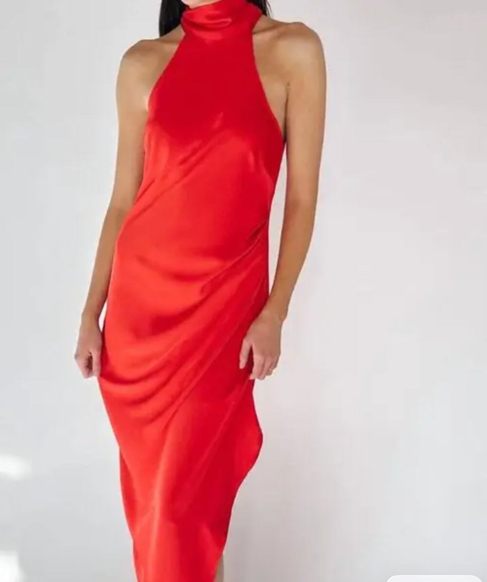 Lucy Paris Red Satin Halter Maxi Dress